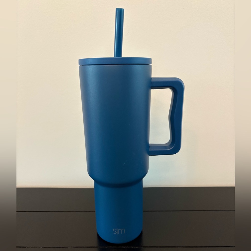 Blue Insulated Travel Mug with Straw and Handle